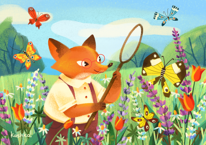 Лис ловит бабочек