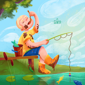 Мальчик ловит рыбу