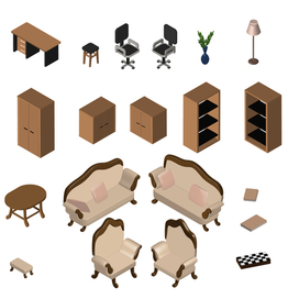 Векторная графика, сэт мебели в изметрическом стиле