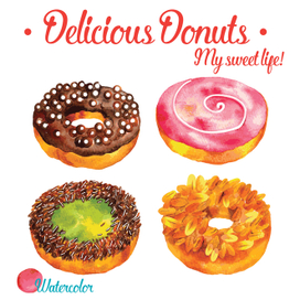 Вкусные пончики нарисованные в акварели векторная иллюстрация. Delicious donuts in watercolor vector illustration   