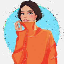  In an orange sweater.