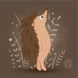 Загадочный ежик стоит и смотрит вверх на цветочном фоне