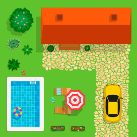 Вид сверху на двор с домом, лужайкой, машиной и бассейном