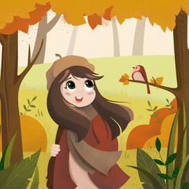 Осенняя векторная иллюстрация. Девочка в лесу