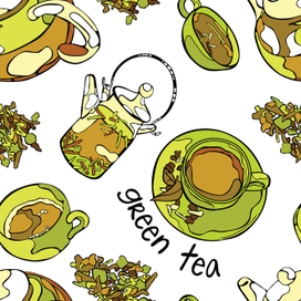 Green tea, teapot and cup of tea, sweets and goodies. Seamless background.