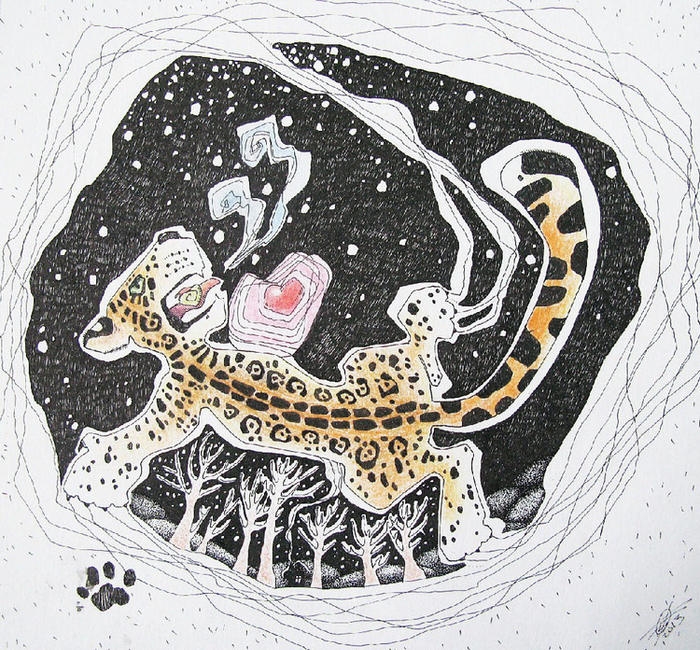 Ягуар, падающий сквозь звёздное небо в зиму