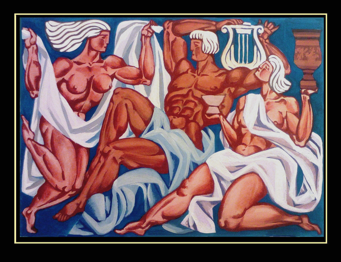 "Аполлон и нимфы" бумага, акрил, 71х51 см, 2016г.  Серия "Мифы и легенды древней Греции".