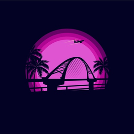 мост, пальмы, самолёт, закат