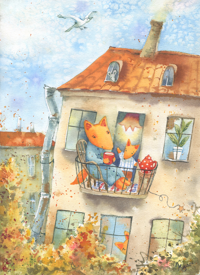 Лисички на балконе. Акварель.