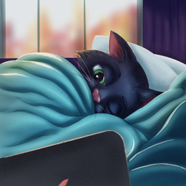 Котик проверяет почту под одеялом