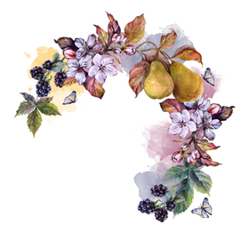 Акварельный венок с грушей и ежевикой