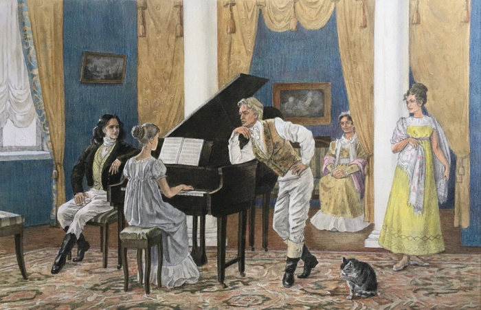 "Онегин и Ленский в гостях у Лариных"