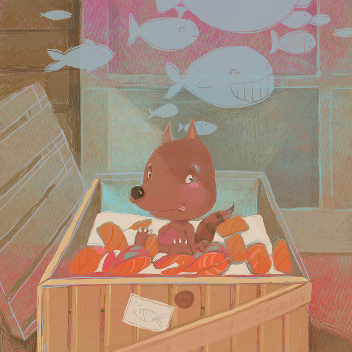 В коробке с норвежским лососем.