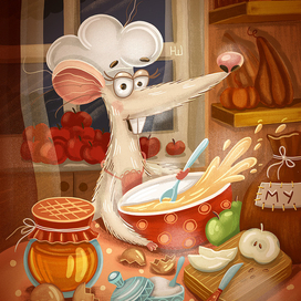 Крыса готовит пирог. Детская иллюстрация