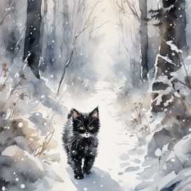 Зимний лес, котик, акварель