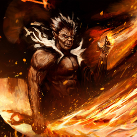 Демонический мечник с огненным мечем и черными крыльями