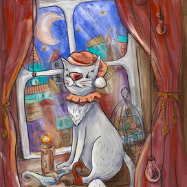 Кошка у окошка. Ночной город