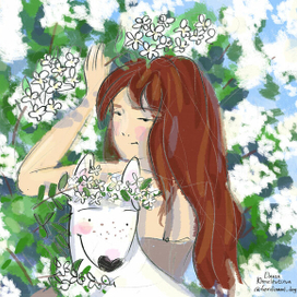 портрет девушка яблоня бультерьер