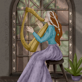 Иллюстрация Девушка играет на арфе