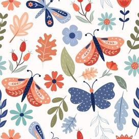 Летний яркий паттерн с бабочками, цветами и растениями