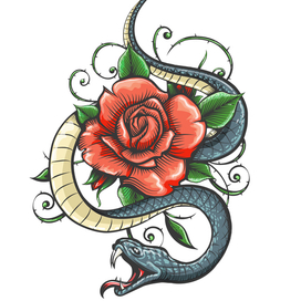 Snake and Rose Flower Colored Tattoo in Engraving Style