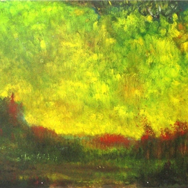 Закат в грибном лесу (картон, масло)