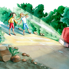 девочки бегут в город в сумерках