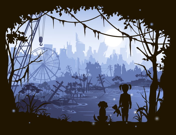 девочка с собакой и разрушенный город