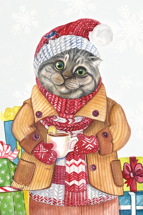 Кот новогодний с чаем