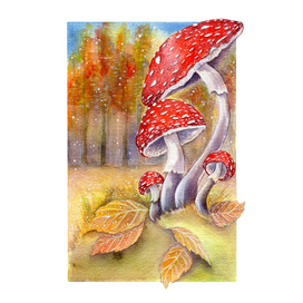 Семья мухоморов в осеннем лесу