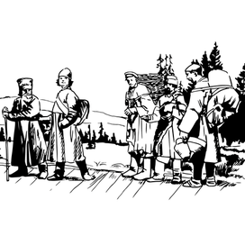 Путники идут по деревянной дороге 