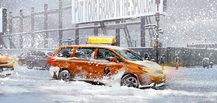 Вечером в Нью-Йорке идет снегопад.