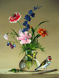 Букет цветов,бабочка и птичка