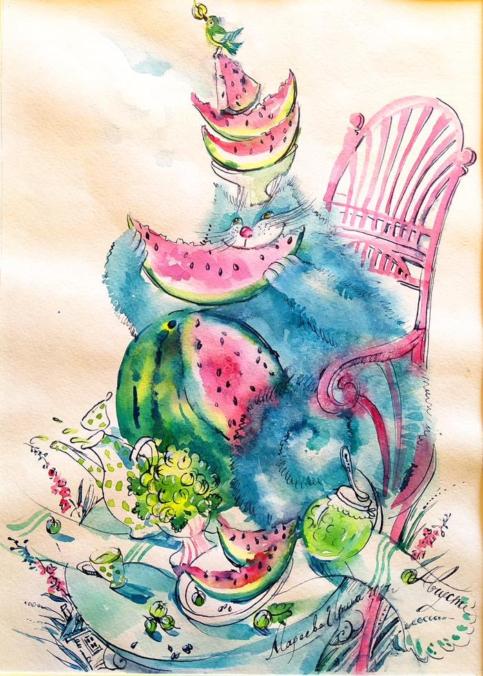 "Арбузный кот" бумага, акварель, темпера
