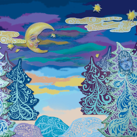 Эскиз декораций к спектаклю "Солнышко и снежные человечки". Начало.