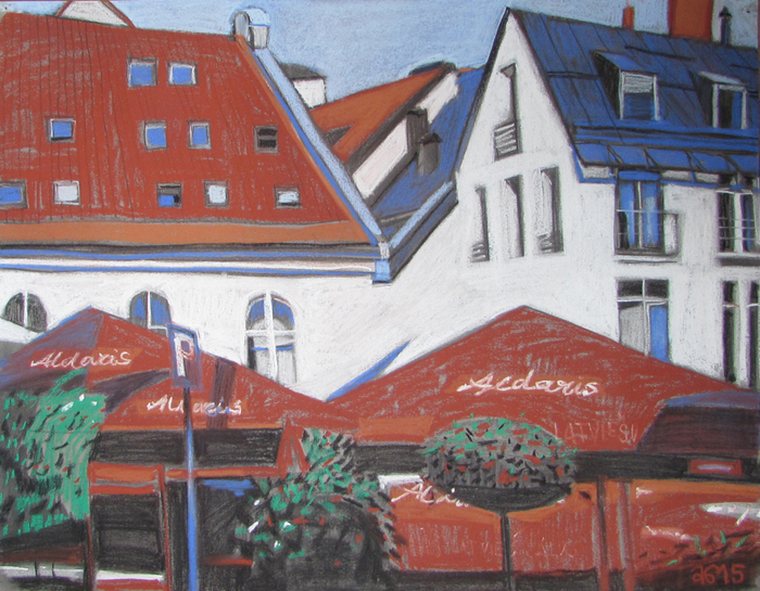 Крыши и зонтики. Рига. 2015. т.б., пастель. 50х65