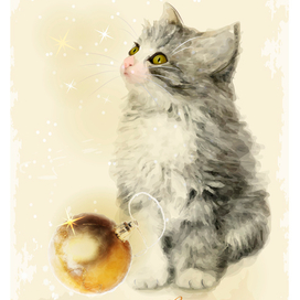 Котенок с елочной игрушкой для новогодней открытки