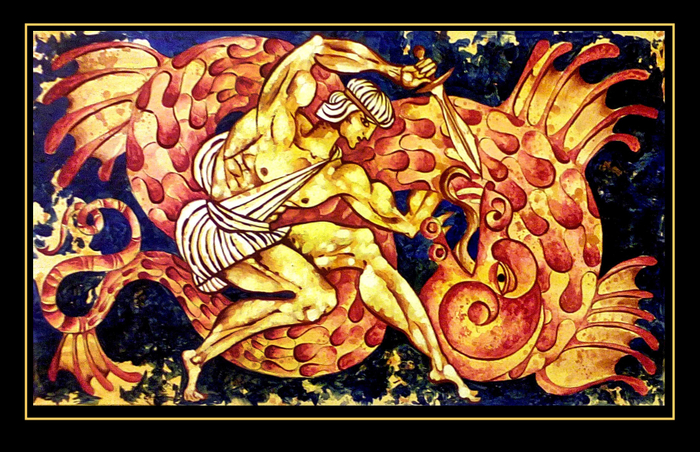 "Ахелой и Геракл" бумага, акрил, 68х39 см, 2016г.  Серия "Мифы и легенды древней Греции".