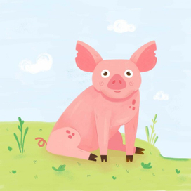 Детская иллюстрация милой розовой свинки на лужайке