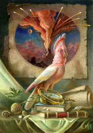 Картинка с вулканом и попугаем