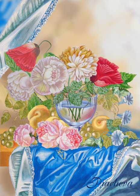 Натюрморт с цветами и фруктами