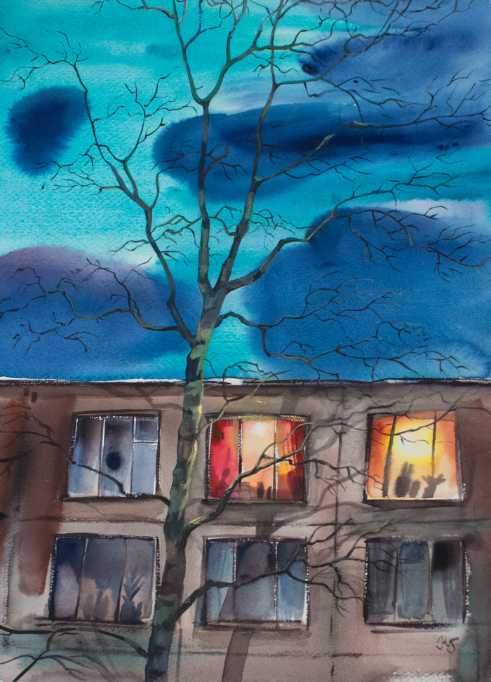 Окно, хрущевка. Акварель