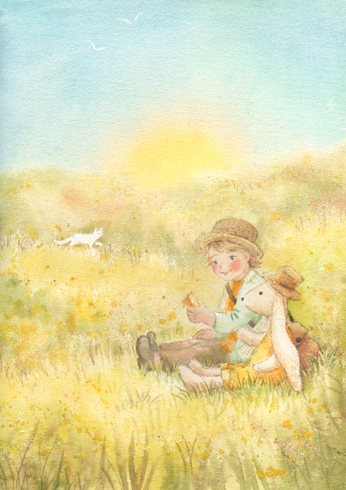 Пастух и кусочек булки. Акварельная иллюстрация