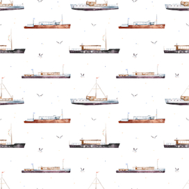Яркий детский принт. Морской транспорт, баржи, пароходы