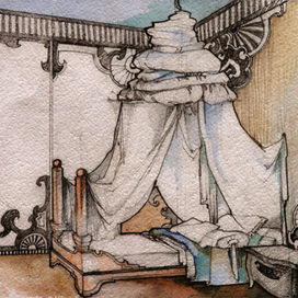 Эскиз интерьера спальни в восточном стиле