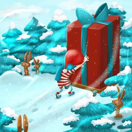 Эльф- доставщик подарка в лесу