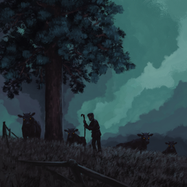 Доброжелательный старик с коровами