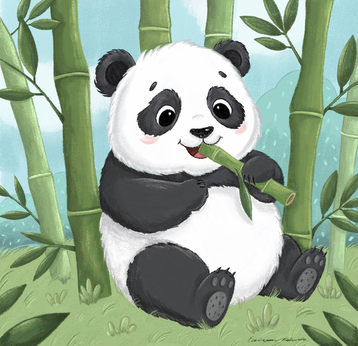 Милый малыш Панда кушает бамбук