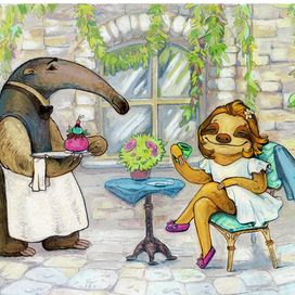 Ленивица в кафе.