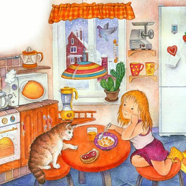 Иллюстрация к детской энциклопедии техники. Девочка на кухне